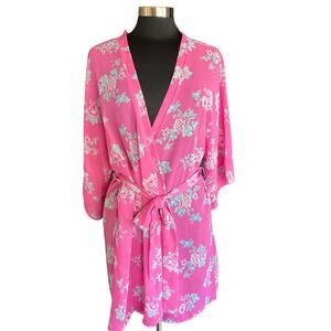 Flora Nikrooz Semi Sheer Short Robe Pink Floral Print Tie Belt Size Medium